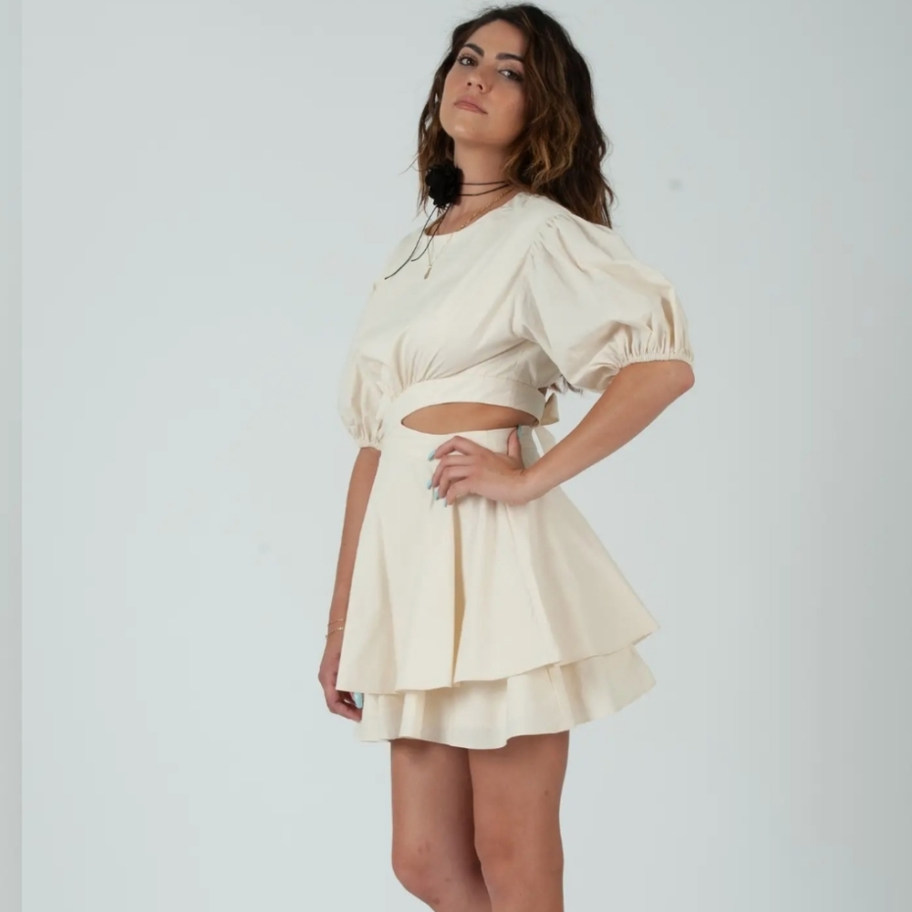 Nwt VICI Puff Sleeve Mini Cutout Dress small 4 olive green - Picture 10 of 13